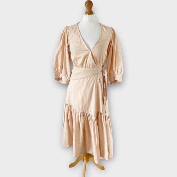 Free People Don’t Mind If I Do Midi Dress Size XS Peach Wrap Cotton Linen Mix - Picture 3 of 11